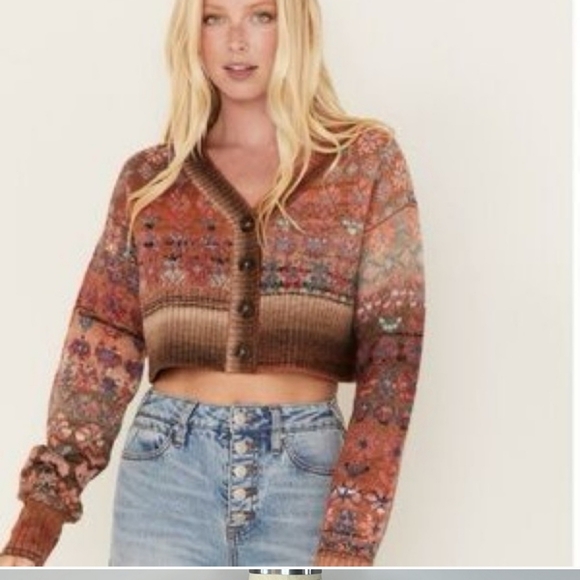 Cleo + Wolf Bohemian Fall Cozy Multicolor Knit Crop Cardigan - Picture 1 of 12